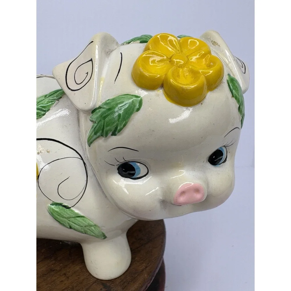 Vtg Plastic Piggy Bank Flowers Stopper White Yellow Whimsical Textured